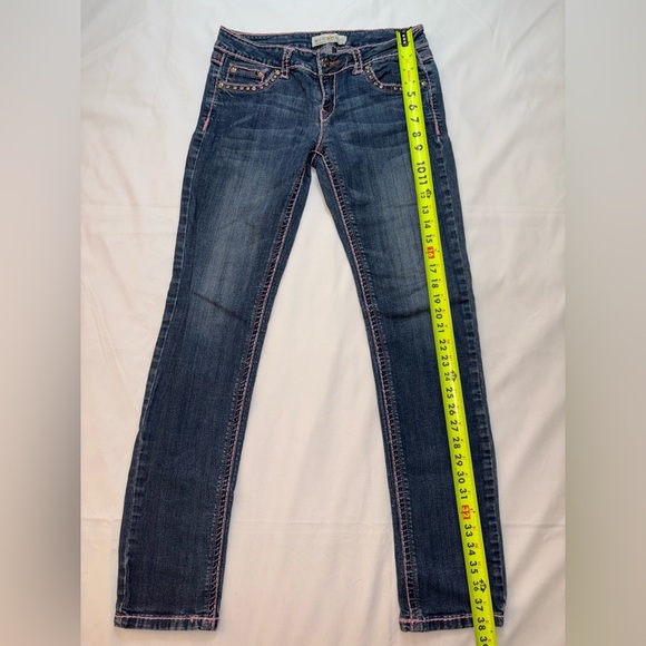 Miss Chic Vintage Size 7 Dark Wash Pink Accent Low Rise Skinny Jeans - Picture 2 of 12